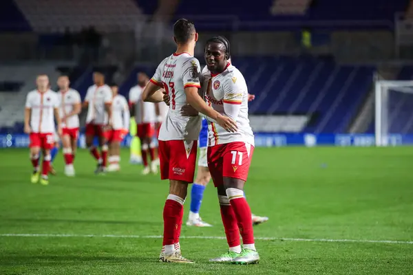 stock image Taylor Allen of Walsall and Reyes Cleary of Walsall embrace after the Bristol Street Motors Trophy match Birmingham City vs Walsall at St. Andrew's @ Knighthead Park, Birmingham, United Kingdom, 3rd September 2024