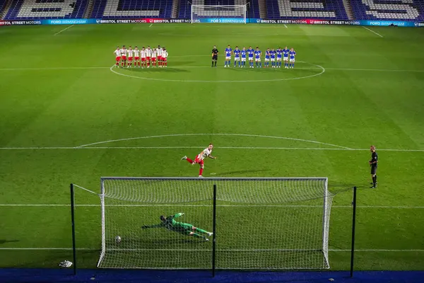 stock image Charlie Lakin of Walsall scores his penalty during the penalty shootout during the Bristol Street Motors Trophy match Birmingham City vs Walsall at St. Andrew's @ Knighthead Park, Birmingham, United Kingdom, 3rd September 2024