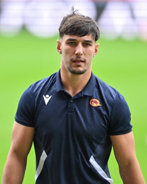 Katalan Ejderhaları 'ndan Arthur Mourgue, Salford Halk Stadyumu, Eccles, İngiltere' de 7 Eylül 2024 'te oynanan 25. Betfred Süper Lig karşılaşması öncesinde Salford Red Devils ile Catalans Dragons maçına geldi.