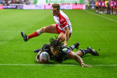 Wigan Warriors 'dan Junior Nsemba, Wigan Stadyumu, Wigan, İngiltere' de 6 Eylül 2024 'te oynanan Betfred Süper Lig 25.