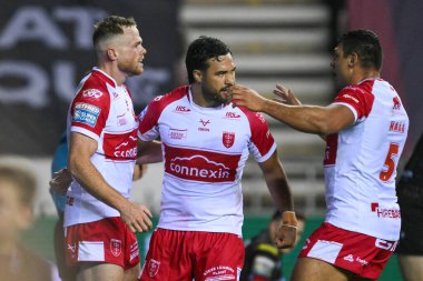 Hull KR 'dan Joe Burgess, 6 Eylül 2024' te Wigan Warriors vs Hull KR ile oynadığı Betfred Süper Lig karşılaşmasında denemesini kutluyor.