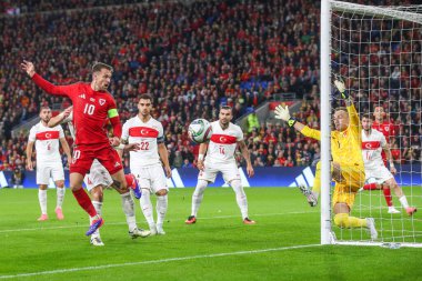 Galler 'den Aaron Ramsey' in 6 Eylül 2024 'te Cardiff City Stadyumu' nda oynanan UEFA Uluslar Ligi - B-Grubu - Galler - Türkiye maçı sırasında gol atma şansı var.