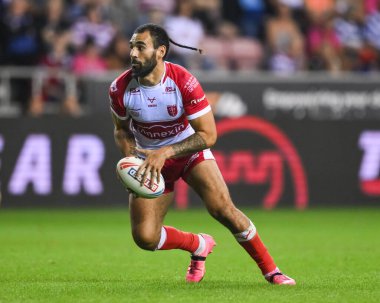 Tyrone May of Hull KRRR, Betfred Süper Lig 25. Raundunda Wigan Warriors 'a karşı Hull KR maçında 6 Eylül 2024' te Wigan, Wigan, İngiltere 'deki Brick Community Stadyumu' nda mola verdi.