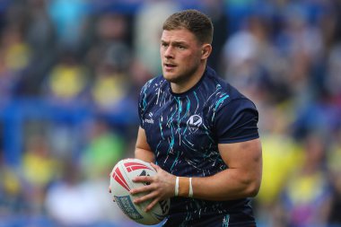 St. Helens 'ten Morgan Knowles maç öncesi ısınma turunda 25. Betfred Süper Ligi karşılaşması öncesinde Warrington Wolves St. Helens' e karşı Halliwell Jones Stadyumu, Warrington, İngiltere, 7 Eylül 2024