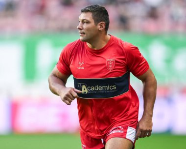 Ryan Hall of Hull KR, 6 Eylül 2024 'te İngiltere' nin Wigan Stadyumu 'nda oynanan 25. Betfred Süper Lig karşılaşması öncesinde maç öncesi ısınma turunda.