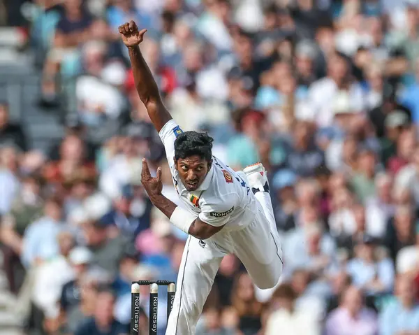 stock image Vishwa Fernando of Sri Lanka delivers the ball during the 3rd Rothesay Test Match Day Three England v Sri Lanka at The Kia Oval, London, United Kingdom, 8th September 2024