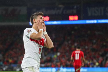 Trkiye 'den Arda Gler, 6 Eylül 2024' te Cardiff City Stadyumu 'nda oynanan UEFA Uluslar Ligi - B-Grubu - Galler - Türkiye maçı sırasında tepki gösterdi.