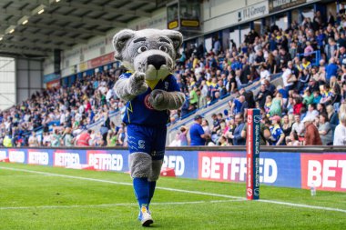 Warrington Wolves maskotu Wolf Betfred Süper Lig 25. Raundunda Warrington Wolves St. Helens 'e karşı Halliwell Jones Stadyumu, Warrington, İngiltere, 7 Eylül 2024
