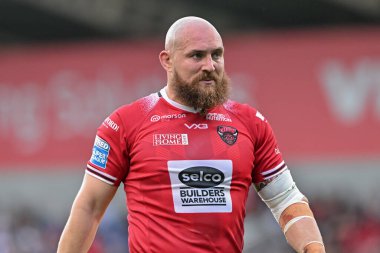 Salford Red Devils 'den Gil Dudson 25. Betfred Süper Lig karşılaşmasında Salford Red Devils, Catalans Dragons' a karşı Salford Community Stadyumu, Eccles, İngiltere, 7 Eylül 2024