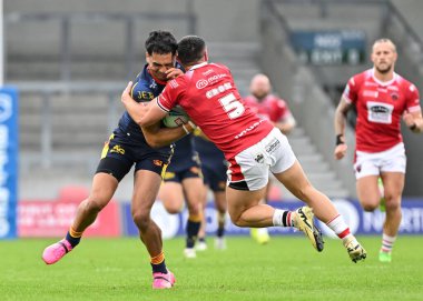 Katalan Ejderhaları 'ndan Reimis Smith, Salford Red Devils maçında Salford Red Devils - Catalans Dragons maçında Salford Community Stadyumu, Eccles, Birleşik Krallık' ta 7 Eylül 2024 'te oynanan Betfred Süper Ligi 25.