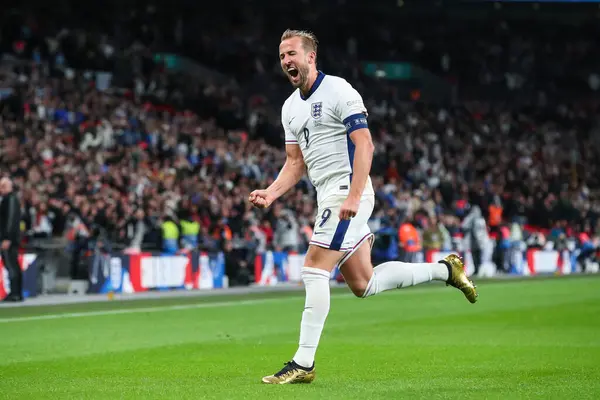 stock image Harry Kane of England celebrates his goal to make it 1-0 during the UEFA Nations League - League B - Group 2 England v Finland at Wembley Stadium, London, United Kingdom, 10th September 2024