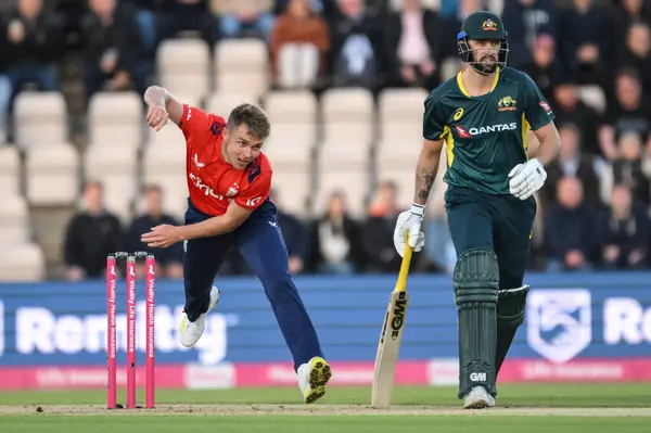 stock image Sam Curran of England delivers the ball during the First Vitality IT20 Series match England vs Australia at The Utilita Bowl, Southampton, United Kingdom, 11th September 2024