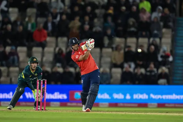 stock image Liam Livingston of England hits the ball during the First Vitality IT20 Series match England vs Australia at The Utilita Bowl, Southampton, United Kingdom, 11th September 2024