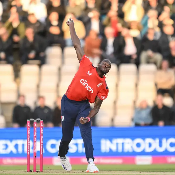 stock image Jofra Archer of England delivers the ball during the First Vitality IT20 Series match England vs Australia at The Utilita Bowl, Southampton, United Kingdom, 11th September 2024