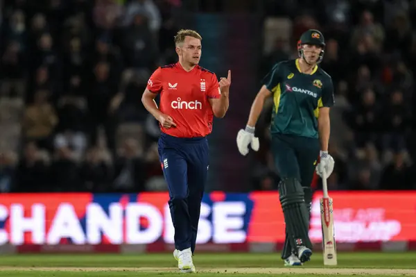 stock image Sam Curran of England celebrates the wicket of Josh Inglis of Australia during the First Vitality IT20 Series match England vs Australia at The Utilita Bowl, Southampton, United Kingdom, 11th September 2024