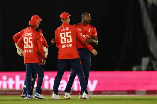 Stock image Jofra Archer of England celebrates bowling Xavier Bartlett during the First Vitality IT20 Series match England vs Australia at The Utilita Bowl, Southampton, United Kingdom, 11th September 2024