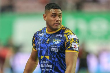 Leeds Rhinos takımından David Fusitua, Betfred Süper Lig 26. Raundda Wigan Warriors, Leeds Gergedan 'a karşı oynadığı The Brick Community Stadyumu, Wigan, Birleşik Krallık' ta 13 Eylül 2024 'te oynanan karşılaşmada ısındı.