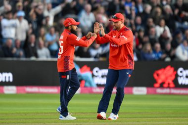 İngiliz Adil Rashid, 13 Eylül 202 'de İngiltere' nin Sophia Gardens Cricket Ground, Cardiff, Birleşik Krallık 'ta ikinci Vitality IT20 Serisi' nde Travis Head of Australia 'ın yakalanmasını kutluyor.