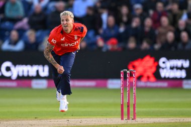 Brydon Carse of England delivers the ball during the Second Vitality IT20 Series England v Australia at Sophia Gardens Cricket Ground, Cardiff, United Kingdom, 13th September 2024 clipart