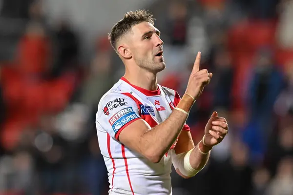 stock image Tommy Makinson of St. Helens symbols to fans full time during the Betfred Super League Round 26 match St Helens vs Castleford Tigers at Totally Wicked Stadium, St Helens, United Kingdom, 13th September 2024