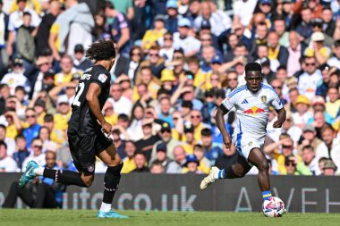 Leeds United takımından Wilfried Gnonto, 14 Eylül 2024 'te Leeds Road, Leeds, İngiltere' de oynanan Sky Bet Şampiyonası maçında topla forvete giriyor.