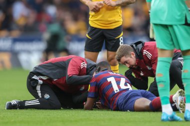 Newcastle United takımından Alexander Isak, 15 Eylül 2024 'te İngiltere' nin Molineux kentinde oynanan Premier League maçında Wolverhampton Wanderers - Newcastle United maçında başından yaralandı.