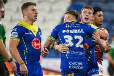 Matty Nicholson of Warrington Wolves celebrates his try during the Betfred Super League Round 26 match Huddersfield Giants vs Warrington Wolves at John Smith's Stadium, Huddersfield, United Kingdom, 14th September 2024 clipart