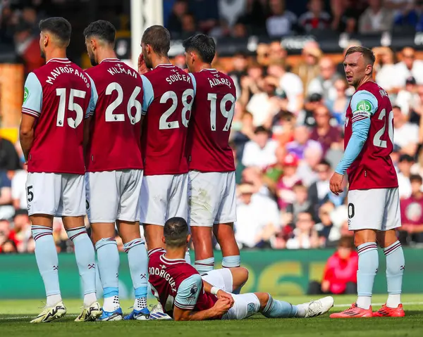 stock image West Ham United form a wall during the Premier League match Fulham vs West Ham United at Craven Cottage, London, United Kingdom, 14th September 2024