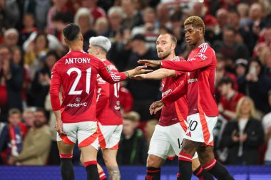 Manchester United takımından Marcus Rashford, 17 Eylül 2024 'te Old Trafford, Manchester, İngiltere' de oynanan Carabao Cup 3. Raund karşılaşmasında 1-0 kazanma golünü kutluyor.