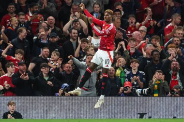 Manchester United takımından Marcus Rashford, 17 Eylül 2024 'te Old Trafford, Manchester, İngiltere' de oynanan Carabao Kupası 3. tur karşılaşmasında 4-0 'lık galibiyetini kutluyor.