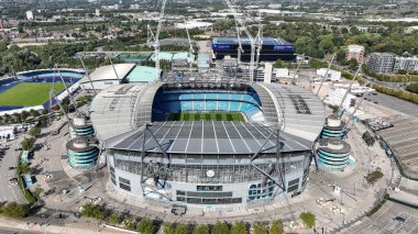 Etihad Stadyumu 'nun hava görüntüsü ve UEFA Şampiyonlar Ligi sahne maçı sırasında yeni tribünün daralması Manchester City - Inter Milan Etihad Stadyumu, Manchester, İngiltere, 18 Eylül 2024