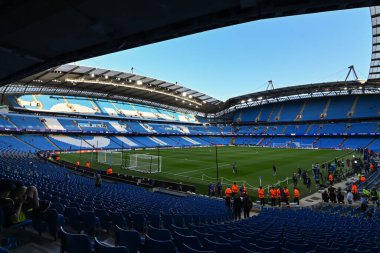 Etihad Stadyumu 'nun, UEFA Şampiyonlar Ligi sahne maçı öncesinde Manchester City ile Inter Milan arasında 18 Eylül 2024' te Etihad Stadyumu 'nda genel bir görünümü vardır.