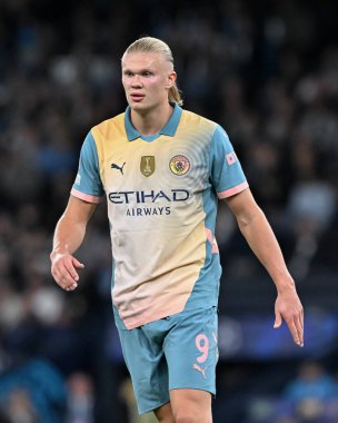 Manchester City 'den Erling Haaland UEFA Şampiyonlar Ligi sahne maçı sırasında Manchester City - Inter Milan Etihad Stadyumu, Manchester, İngiltere, 18 Eylül 2024