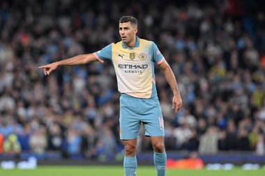 Manchester City 'den Rodri, 18 Eylül 2024' te Etihad Stadyumu 'nda Manchester City' nin Inter Milan 'a karşı oynadığı UEFA Şampiyonlar Ligi sahne maçında antrenman yapıyor.
