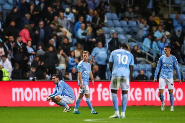 stock image Coventry City players react to their teams loss after the Carabao Cup match Coventry City vs Tottenham Hotspur at Coventry Building Society Arena, Coventry, United Kingdom, 18th September 2024