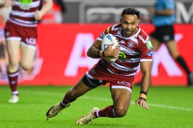 Bevan French of Wigan Warriors goes over for a try during the Betfred Super League Round 27 match Wigan Warriors vs Salford Red Devils at The Brick Community Stadium, Wigan, United Kingdom, 19th September 2024 clipart