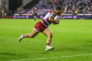 Kruise Leeming of Wigan Warriors goes over for a try during the Betfred Super League Round 27 match Wigan Warriors vs Salford Red Devils at The Brick Community Stadium, Wigan, United Kingdom, 19th September 2024 clipart