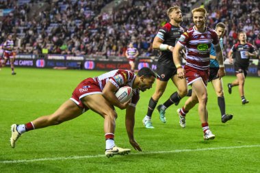 Wigan Warriors 'dan Kruise Leeming, 27. Betfred Süper Lig Turu' nda Wigan Warriors 'a karşı Salford Red Devils' in oynadığı The Brick Community Stadyumu, Wigan, Birleşik Krallık 'ta 19 Eylül 2024' te oynanan karşılaşmaya gidiyor.