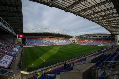 Wigan Warriors 'un Wigan Warriors maçının 27. Turu öncesinde Wigan Warriors ile Salford Red Devils' in oynadığı The Brick Community Stadyumu, Wigan, İngiltere 'de 19 Eylül 2024' te oynanan karşılaşmanın genel görüntüsü.