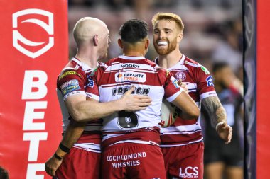 Bevan French of Wigan Warriors celebrates his try during the Betfred Super League Round 27 match Wigan Warriors vs Salford Red Devils at The Brick Community Stadium, Wigan, United Kingdom, 19th September 2024 clipart