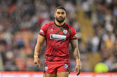 Leigh Leopar takımından Ricky Leutele, 27. Betfred Süper Lig karşılaşması öncesinde Leigh Leopards ile St Helens arasında 20 Eylül 2024 'te Leigh Spor Köyü' nde ısındı.