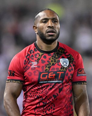 Leigh Leopar takımından Edwin Ipape, 27. Betfred Süper Lig karşılaşması öncesinde Leigh Leopards ile St Helens arasında 20 Eylül 2024 'te Leigh Spor Köyü' nde ısınıyor.