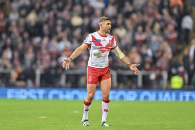 St. Helens 'ten Tommy Makinson, 27. Betfred Süper Lig karşılaşmasında Leigh Leopards ile St Helens arasında 20 Eylül 2024' te Leigh Spor Köyü 'nde oynanan karşılaşmada tepki gösterdi.
