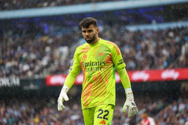 Arsenal 'den David Raya Premier League maçı sırasında Manchester City, Etihad Stadyumu' nda Arsenal 'e karşı, 22 Eylül 2024