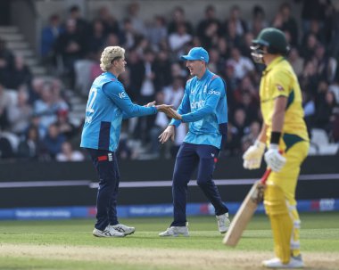 Jacob Bethell of England celebrates the wicket of Marnus Labuschagne of Australia with Harry Brook of England during Second Metro Bank One Day International England v Australia at Headingley Cricket Ground, Leeds, United Kingdom, 21st September 2024 clipart