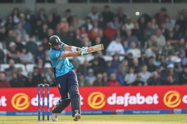 stock image Jamie Smith of England hits a six (6) during the Second Metro Bank One Day International England v Australia at Headingley Cricket Ground, Leeds, United Kingdom, 21st September 2024