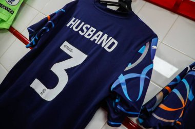 The shirt of James Husband of Blackpool is displayed inside of the dressing room prior to Sky Bet League 1 match Charlton Athletic vs Blackpool at The Valley, London, United Kingdom, 21st September 2024 clipart