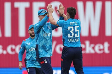 Matthew Potts of England celebrates bowling out Steve Smith of Australia during the Second Metro Bank One Day International England v Australia at Headingley Cricket Ground, Leeds, United Kingdom, 21st September 2024 clipart