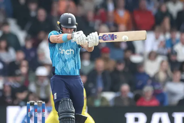 stock image Jacob Bethell of England hits a four (4) during the Second Metro Bank One Day International England v Australia at Headingley Cricket Ground, Leeds, United Kingdom, 21st September 2024