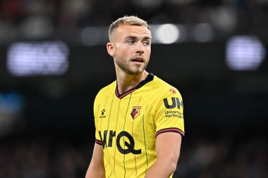 Carabao Kupası karşılaşmasında Watford 'dan Ryan Porteous ile Manchester City, Etihad Stadyumu' nda karşı karşıya, 24 Eylül 2024